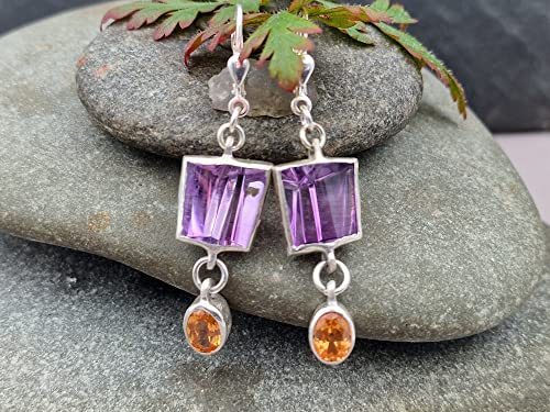 Amethyst, Mandarin Garant Design Ohrhänger aus 925er Silber, Spezial Spiegel Design Schliff, mit Brisuren, Unikat, Handarbeit