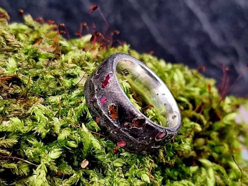 LeoLars-PABE Design Sandguss Ring Vukan Style, Gr.53-54 (17), aus 925er Silber mit eingegossenen roten, orangen und gelben Saphiren, geschwärzt, Unikat, Handarbeit