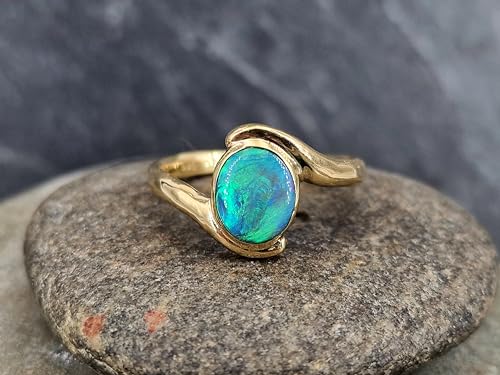 LeoLars-PABE Lightning Ridge Opal Design Ring, Gr. 65 (20,5), aus 585er Gelbgold, Opal brilliantes grünes Opalfeuer, Semi Chrystal, 9,3 x 7,5mm, Unikat, Handarbeit