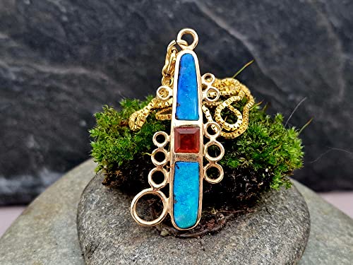 LeoLars-PABE 585er Gold Design Anhänger mit zwei GEM Boulder Opalen und einem Feueropal, Maritim, Leuchturm, mit Double Gold Kette, Unikat, Handarbeit