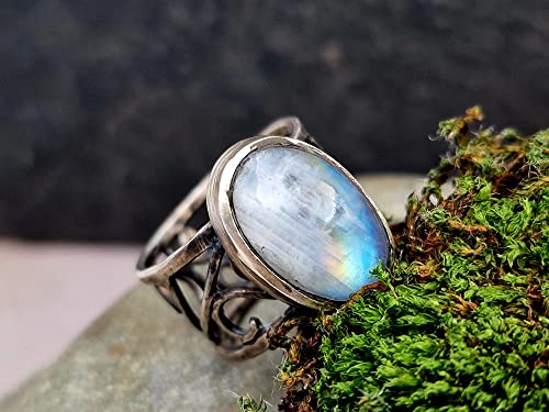 LeoLars-PABE Weißer Labradorit Filigree Ring, Gr.57-58, aus 925er Silber, Regenbogen Mondstein, teilgeschwärzt, magisch, mystisch, Unikat, Handarbeit