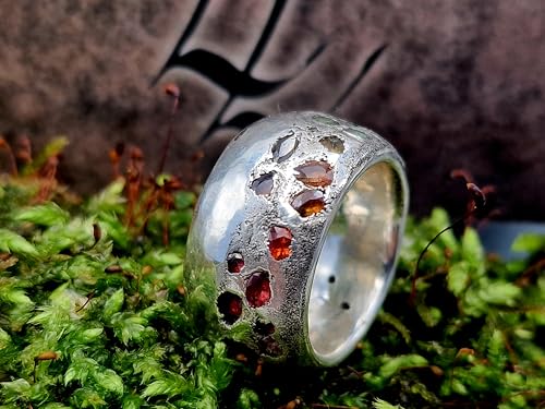 LeoLars-PABE Sandguss Design Ring mit Farbverlauf, Gr. 56 (18,5), aus 925er Silber, sehr massiv, verschienedene eingegossenen Edelsteine, halb poliert, halb Sandguss Oberfläche, Unikat, Handarbeit