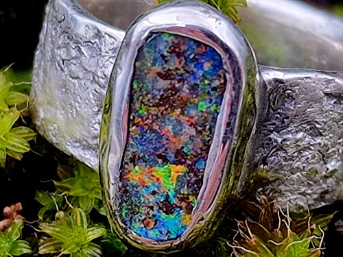 LeoLars-PABE Design Ring mit Boulder Opal aus 925er Silber, Ringschiene mit Stein Struktur, Gr. 57-58, Opal 13.4x6.1mm, Unikat, Handarbeit