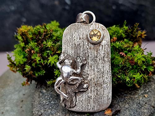 LeoLars-PABE Wetterfrosch Anhänger aus 925er Silber mit Citrin als Sonne, echte Pampasgrasstruktur, teilgeschwärzt, Unikat, Handarbeit
