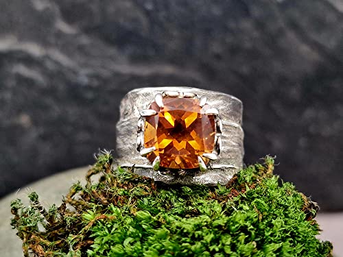 LeoLars-PABE Madeira Citrin Design Ring, Gr. 54-55, aus 925er Silber mit Bambus Struktur, teilgeschwärzt, massiv, Unikat, Handarbeit