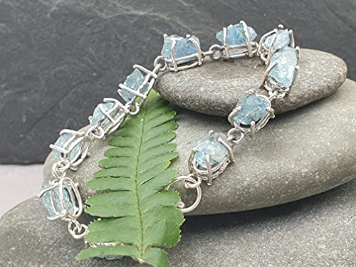 LeoLars-PABE Aquamarin Rohstein Armband aus 925er Silber, 11 Aquamarine, 19cm lang, Unikat, Handarbeit
