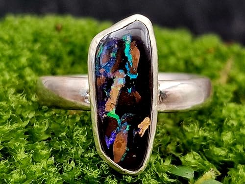 LeoLars-PABE Boulder Opal Ring, Gr.57-58, aus 925er Silber, Opal mit tollem Muster und grün-lila Opalfeuer, Opal 17,5x7mm, Unikat, Handarbeit