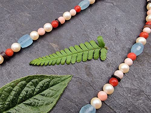 LeoLars-PABE 42cm Perlen und Aquamarin Kette, Mittelmeer Koralle, Süßwasserperlen, Rhodochrosit, Aquamarin, Muscheln, Unikat, Handarbeit