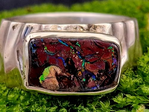 LeoLars-PABE Boulder Opal herren Design Ring, Gr.65-66, aus 925er Silber, Opal mit Muster und bunten Opaladern, grob geschliffen, massiv, Unikat, Handarbeit