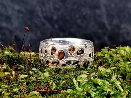 LeoLars-PABE Sandguss Design Ring, Gr.56 (17,8), aus 925er Silber mit echten eingegossenen verschiedensten Edelsteinen mit Farbverlauf, Nr.51, Unikat, Handarbeit