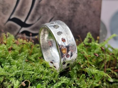 LeoLars-PABE Bunter Design Sandguss Ring, Gr. 59 (18,7), aus 925er Silber mit bunten echten eingegossenen Edelsteinen, glänzend, Unikat, Handarbeit