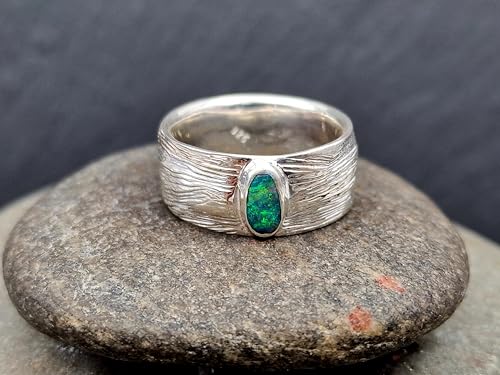 LeoLars-PABE Lightning Ridge Opal Design Ring, Gr.56 (17,8), aus 925er Silber mit Blatt Struktur, Opal Multicolor Opalfeuer 6,7 x 3,6mm, Unikat, Handarbeit