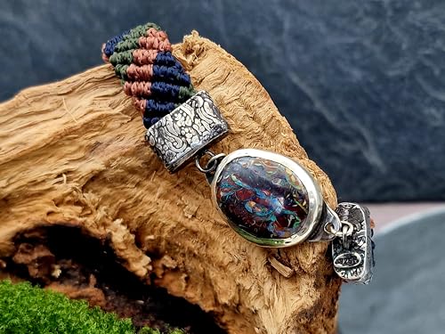 LeoLars-PABE Boulder Opal Makramee Design Armband aus 925er Silber mit handgefertigten Endkappen, teilgeschwärzt, Opal mit Muster und mehrfarbigen Opalfeuer, 16-20cm Umfang, Unikat, Handarbeit