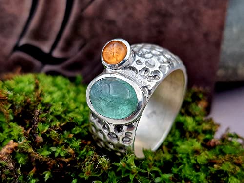 LeoLars-PABE Design Ring, Gr. 57, aus 925er Silber im Bubble Design mit Turmalin und Mandarin Granat, massiv, Unikat, Handarbeit