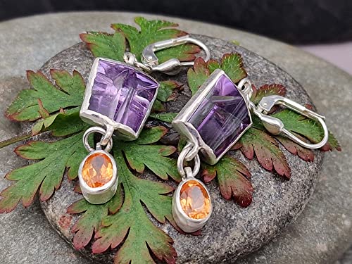 Amethyst, Mandarin Garant Design Ohrhänger aus 925er Silber, Spezial Spiegel Design Schliff, mit Brisuren, Unikat, Handarbeit