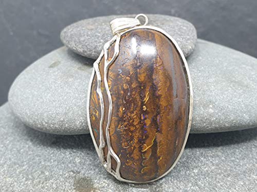 LeoLars-PABE Boulder Opal Anhänger aus 925er Silber, Optisch wie versteinertes Holz, Unikat, Handarbeit