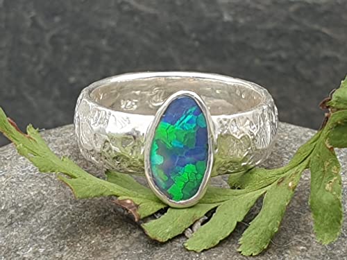 LeoLars-PABE Lightning Ridge Opal Design Ring, Gr.58, 925er Silber, Grün-Blaues Honeycomb Pattern Feuer, Unikat, Handarbeit