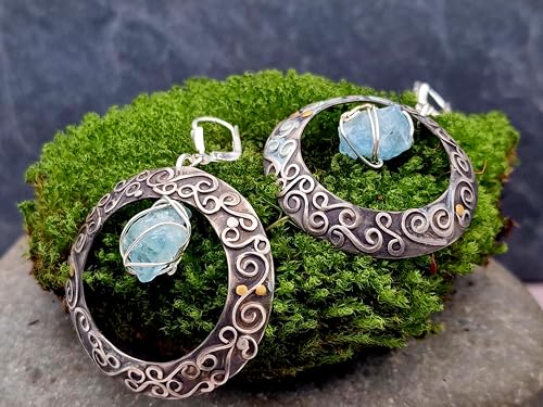 Magische Aquamarin Kristall Ohrhänger aus 925er Silber mit Feingold Elementen, baumelnd, teilgeschwärzt, Mystisch, Zauberhaft, Unikat, Handarbeit