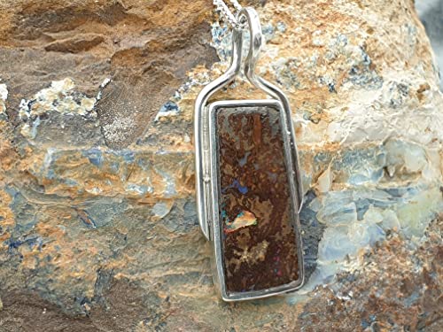 LeoLars-PABE Boulder Opal Anhänger aus 925er Silber mit Multicolor Flash, Opal 23.5x10mm, mit Panzerkette, Unikat, Handarbeit