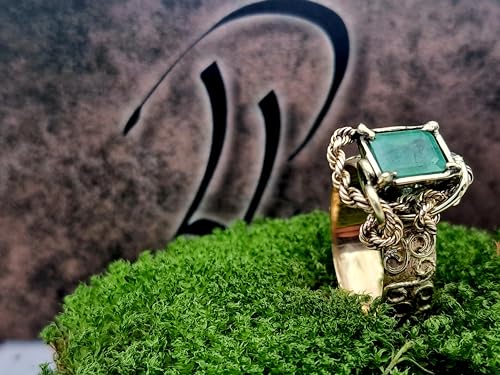 LeoLars-PABE Magisch mystischer Smaragd Design Ring aus 585er Gelbgold, verspielte Kettenverzierung, zauberhafte Schnörkel, Gr. 61/62, Unikat, Handarbeit