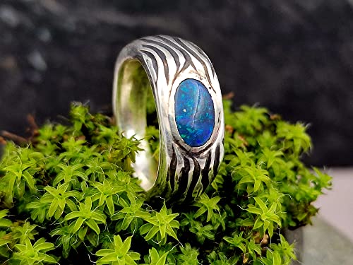 LeoLars-PABE Schwarzer Opal Wellen Design Ring, Gr.58, aus 925er Silber, Opal grün-blaues Opalfeuer, teilgeschwärzt, massiv, Unikat, Handarbeit