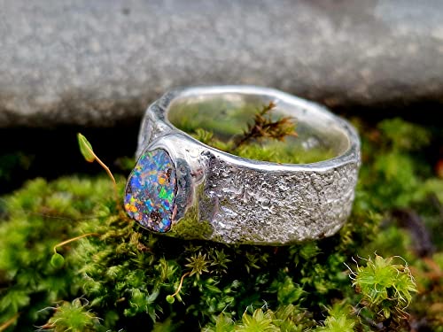LeoLars-PABE Boulder Opal Design Ring, Gr.60, Structure Design Stone, Stein, aus 925er Silber, Multicolor Opal 8.3x8mm, Unikat, Handarbeit