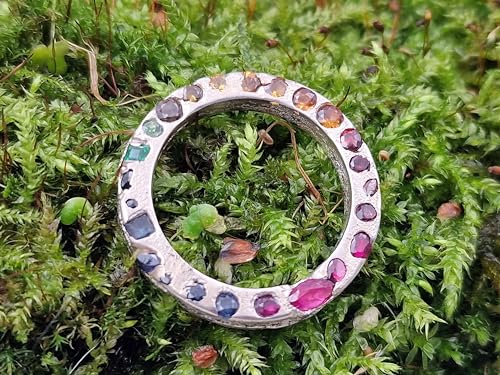 LeoLars-PABE Regenbogen Sandguss Design Ring, Gr.59 (18,7) aus 925er Silber mit eingegossenen echten bunten Edelsteinen, Vorsteckring, Anhänger, Unikat, Handarbeit