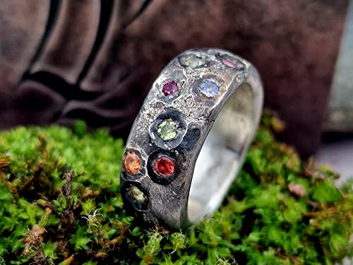 LeoLars-PABE Sandguss Design Ring, Gr.58, aus 925er Silber mit eingearbeiteten verschiedenen echten Edelsteinen, massiv, teilgeschwärzt, Unikat, Handarbeit
