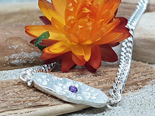 925er Silber Armband mit Pfötchen und Amethyst, 23,5cm Panzerkette, Unikat, Handarbeit