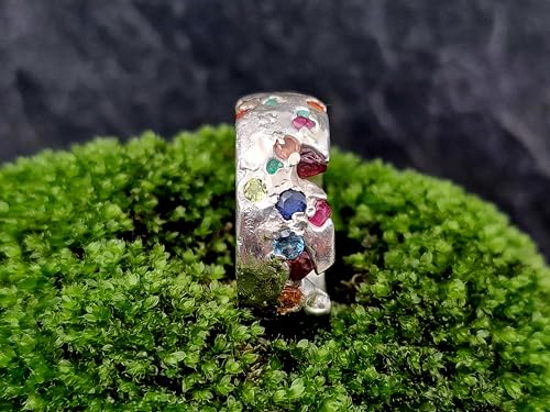 LeoLars-PABE Bunter rockiger Design Sandguss Ring, Gr.61 (19,2), aus 925er Silber mit verschiedenen echten eingegossenen Edelsteinen, Unikat, Handarbeit