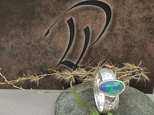 LeoLars-PABE Lightning Ridge Opal Design Ring, Gr.58, 925er Silber, Grün-Blaues Honeycomb Pattern Feuer, Unikat, Handarbeit