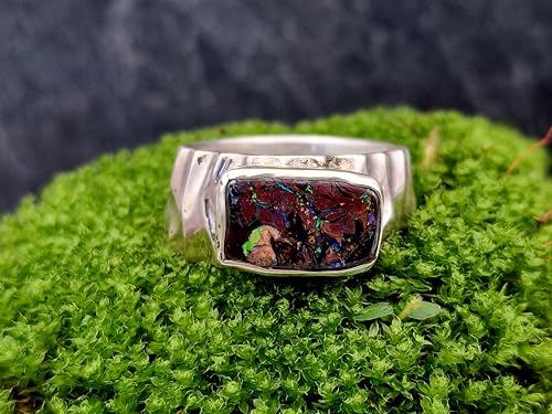 LeoLars-PABE Boulder Opal herren Design Ring, Gr.65-66, aus 925er Silber, Opal mit Muster und bunten Opaladern, grob geschliffen, massiv, Unikat, Handarbeit