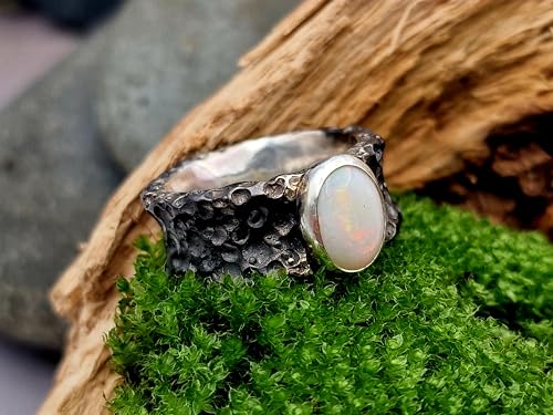 LeoLars-PABE Weißer Opal Design Ring, Gr.58-59, im Lava Style aus 925er Silber, natürlich, massiv, teilgeschwärzt, Unikat, Handarbeit