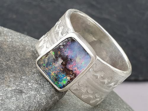 LeoLars-PABE Boulder Opal Herren Design Ring, Gr. 63, aus 925er Silber, Multicolor, Structure Design, Unikat, Handarbeit