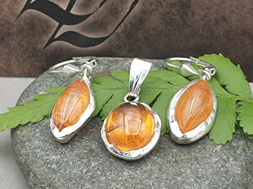 LeoLars-PABE Mandarin Granat Set, Anhänger - Ohrhänger aus 925er Silber, Satte Farbe, Brisuren, Unikat, Handarbeit