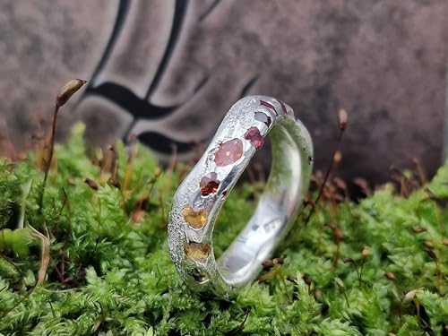 LeoLars-PABE Geschwungener Sandguss Design Ring, Gr.57 (18,2), aus 925er Silber mit eingegossenen bunten echten Edelsteinen, Unikat, Handarbeit