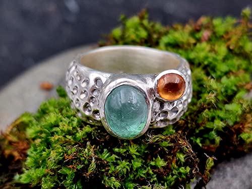 LeoLars-PABE Design Ring, Gr. 57, aus 925er Silber im Bubble Design mit Turmalin und Mandarin Granat, massiv, Unikat, Handarbeit