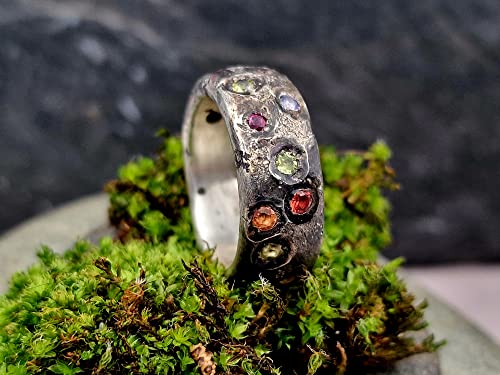 LeoLars-PABE Sandguss Design Ring, Gr.58, aus 925er Silber mit eingearbeiteten verschiedenen echten Edelsteinen, massiv, teilgeschwärzt, Unikat, Handarbeit