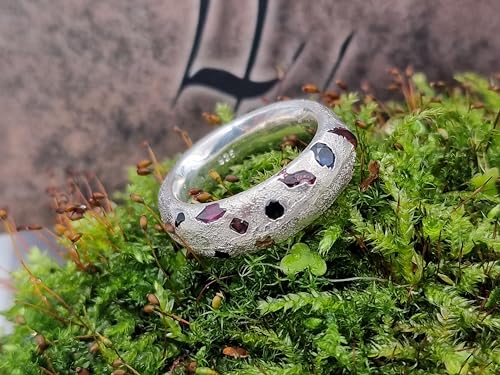 LeoLars-PABE Bunter Sandguss Design Ring, Gr.54 (17,2), aus 925er Silber mit verschieden farbigen echten eingegossenen Edelsteinen, Unikat, Handarbeit