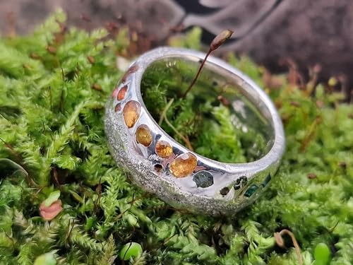 LeoLars-PABE Sandguss Design regenbogen Ring, Gr. 62-63 (19,9), mit eingegossenen echten bunten Edelsteinen aus 925er Silber, Handarbeit, Unikat