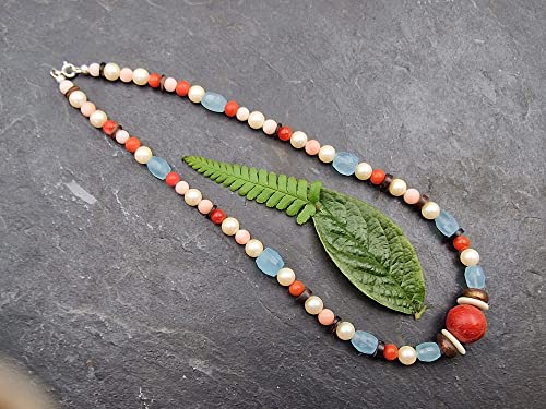 LeoLars-PABE 42cm Perlen und Aquamarin Kette, Mittelmeer Koralle, Süßwasserperlen, Rhodochrosit, Aquamarin, Muscheln, Unikat, Handarbeit