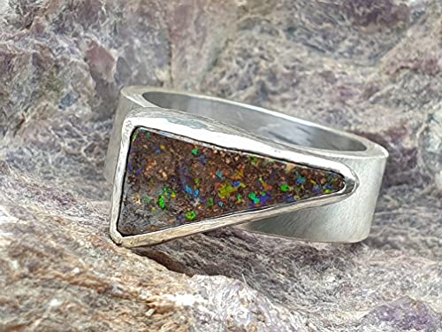 LeoLars-PABE Boulder Opal Ring aus 925er Silber, Gr.52, Massiv, Seidenmatt, Opal 14.5x8mm, Unikat, Handarbeit