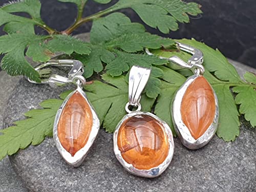 LeoLars-PABE Mandarin Granat Set, Anhänger - Ohrhänger aus 925er Silber, Satte Farbe, Brisuren, Unikat, Handarbeit