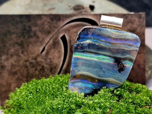 LeoLars-PABE Boulder Opal Anhänger mit 925er Silberrohr, Meeresfarben, mit Regenbogen Opalfeuer Streifen, Unikat, Handgeschliffen