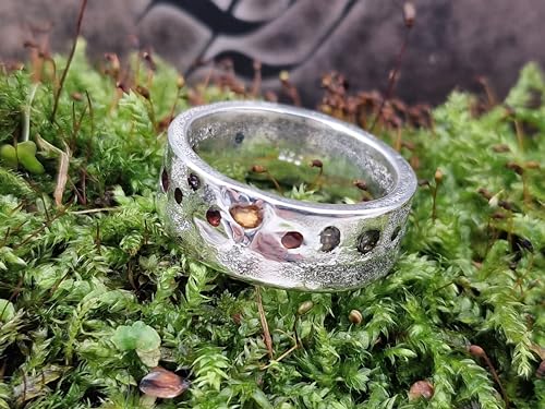 LeoLars-PABE Bunter Design Sandguss Ring, Gr. 59 (18,7), aus 925er Silber mit bunten echten eingegossenen Edelsteinen, glänzend, Unikat, Handarbeit