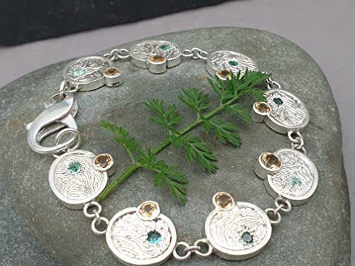 LeoLars-PABE Mondphasen Design Armband aus 925er Silber mit Citrinen und Turmalinen, 19cm lang, Massiv, Unikat, Handarbeit