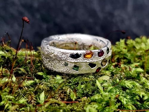 LeoLars-PABE Design Sandguss Chaos Ring, Gr.56 (17,8), mit echten eingegossenen verschiedensten Edelsteinen aus 925er Silber, Nr.52, Unikat, Handarbeit
