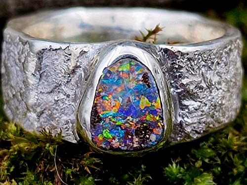 LeoLars-PABE Boulder Opal Design Ring, Gr.60, Structure Design Stone, Stein, aus 925er Silber, Multicolor Opal 8.3x8mm, Unikat, Handarbeit