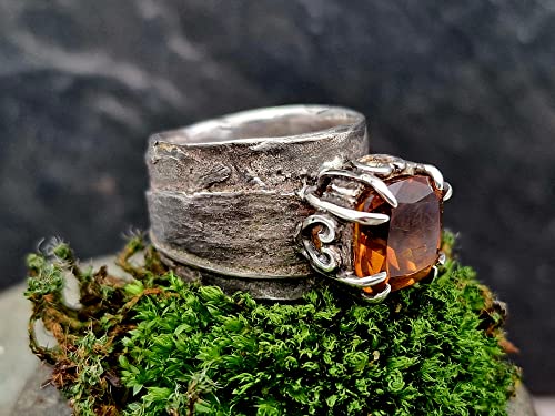 LeoLars-PABE Madeira Citrin Design Ring, Gr. 54-55, aus 925er Silber mit Bambus Struktur, teilgeschwärzt, massiv, Unikat, Handarbeit