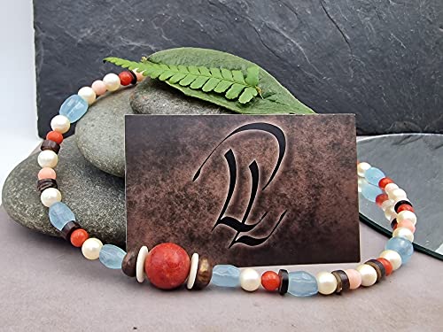 LeoLars-PABE 42cm Perlen und Aquamarin Kette, Mittelmeer Koralle, Süßwasserperlen, Rhodochrosit, Aquamarin, Muscheln, Unikat, Handarbeit